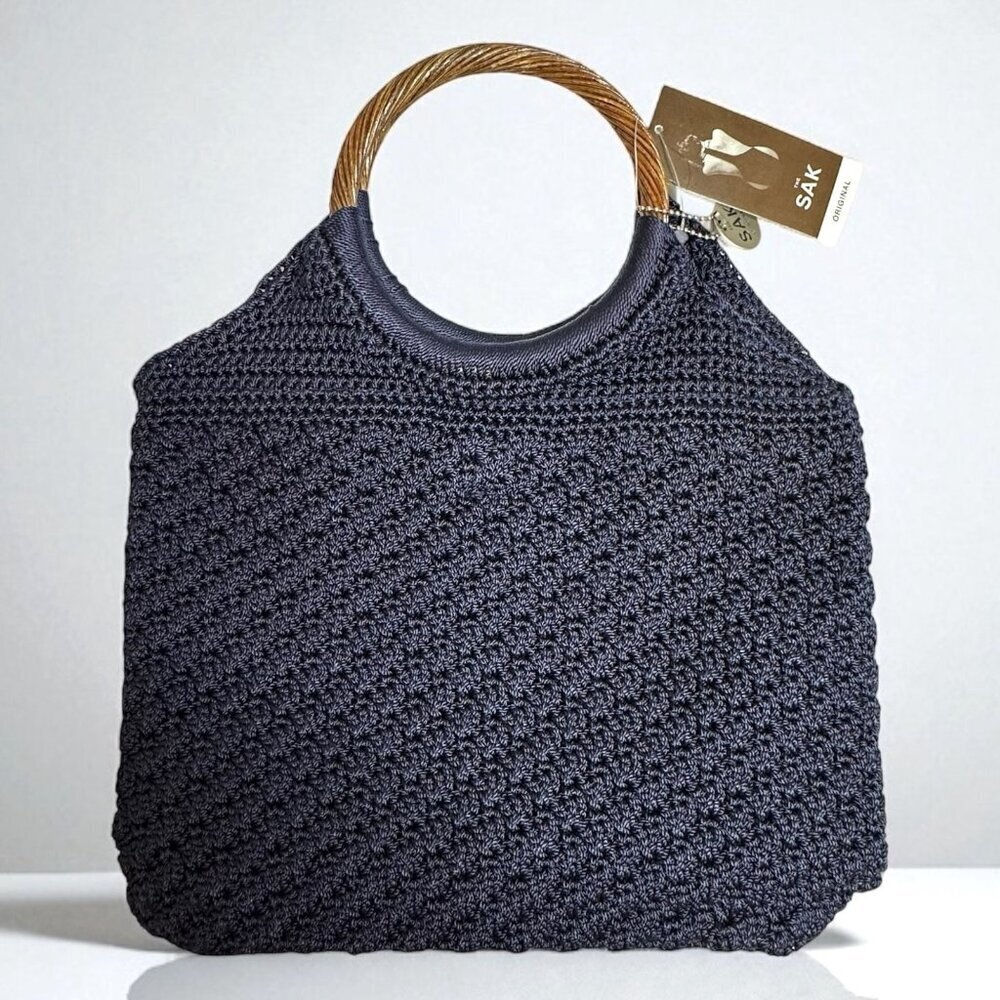 NWT Vintage The Sak Ashbury Heights Navy Blue Crochet Top Handle Bag Handbag